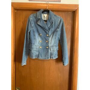 LOFT Denim Blazer Jacket Size 6 Double Breasted Gold Button Military